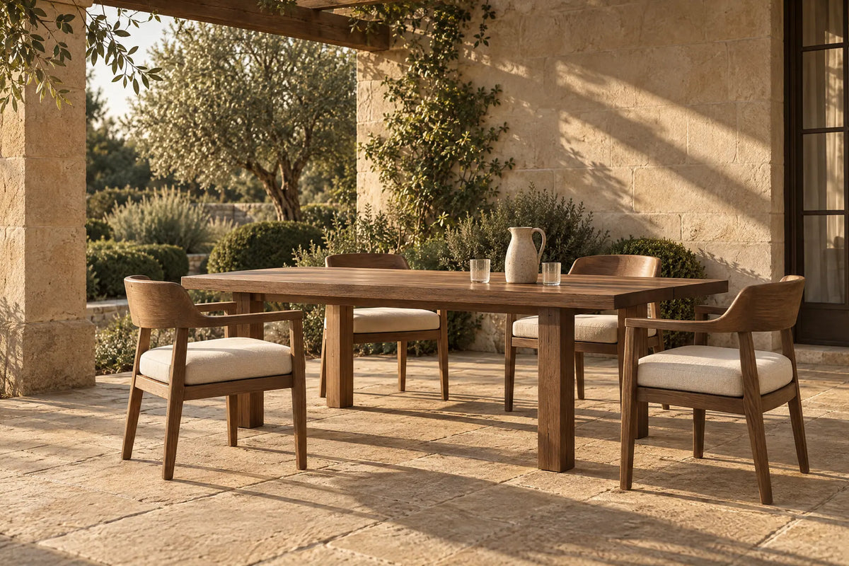 Teak dining table and four teak armchairs with cream cushions on a limestone terrace, with an olive tree and clipped hedges behind
