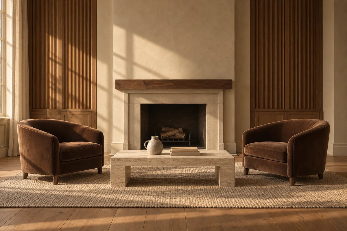 Two brown velvet armchairs and a travertine low table in front of a limestone fireplace with a walnut mantel and fluted oak panelling