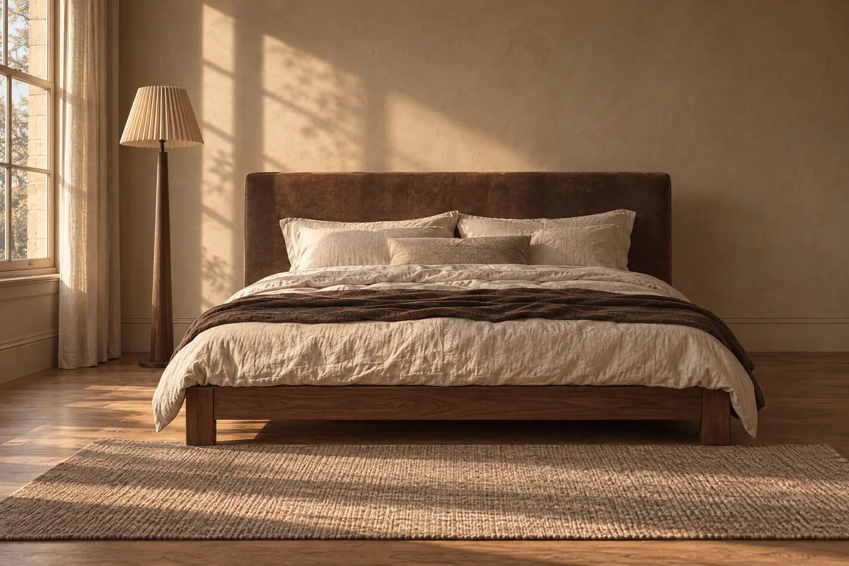 Walnut bed with a brown suede headboard, cream linen bedding and a brown throw, beside a walnut floor lamp with a pleated shade