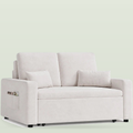 Two-seat sofa bed in pale beige fabric with two back cushions, two small cushions and a pocket in the left arm, on a pale sage background