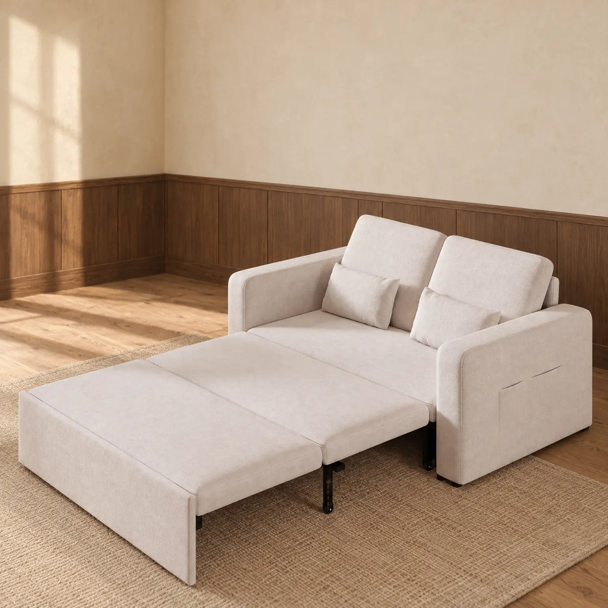 The sofa bed pulled out on its castors into bed position, beige fabric, in a room with walnut panelling