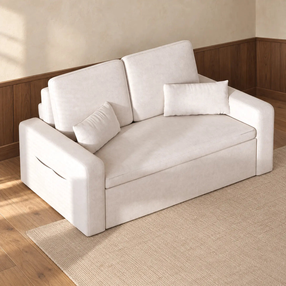The beige two-seat sofa bed on a linen rug in a room with cream walls, walnut panelling and oak floorboards