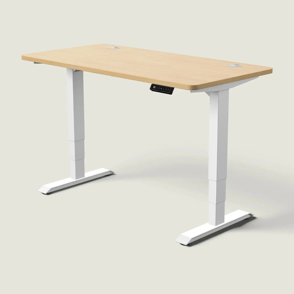 Electric standing desk, 140 × 70 cm, white frame and oak-effect top, with the memory handset under the front edge, on a pale grey background