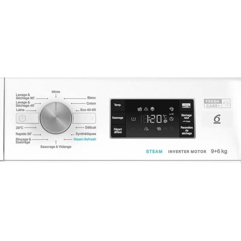 Close-up of the control panel: programme dial, digital display, Steam and Inverter Motor markings and the 9+6 kg capacity