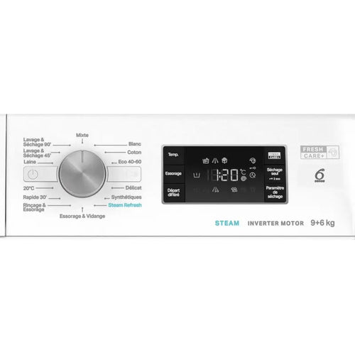 Close-up of the control panel: programme dial, digital display, Steam and Inverter Motor markings and the 9+6 kg capacity