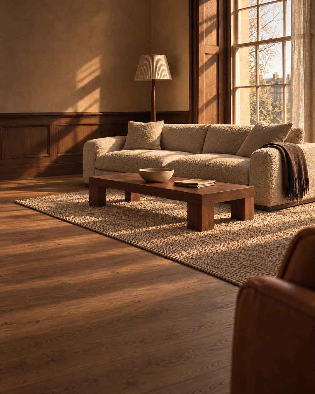 Cream boucle sofa with a brown throw, a low walnut table and a pleated floor lamp in a panelled room with a tall sash window, a leather armchair in the foreground, in low afternoon sun